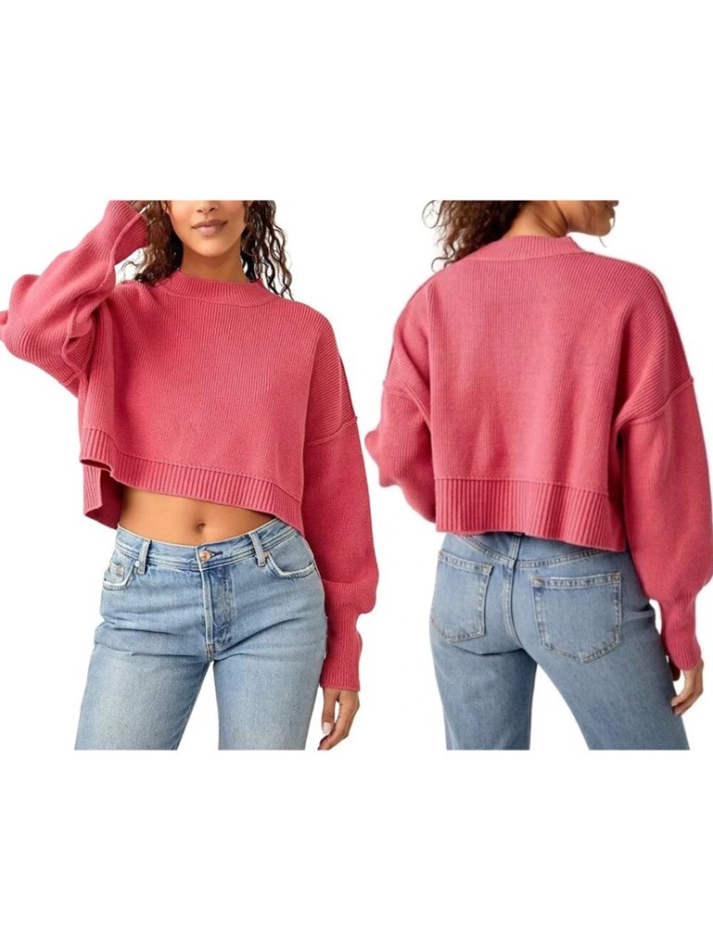 Free People Sweater Womens Size S Pink Ribbed Knit Easy Street Crop Pullover